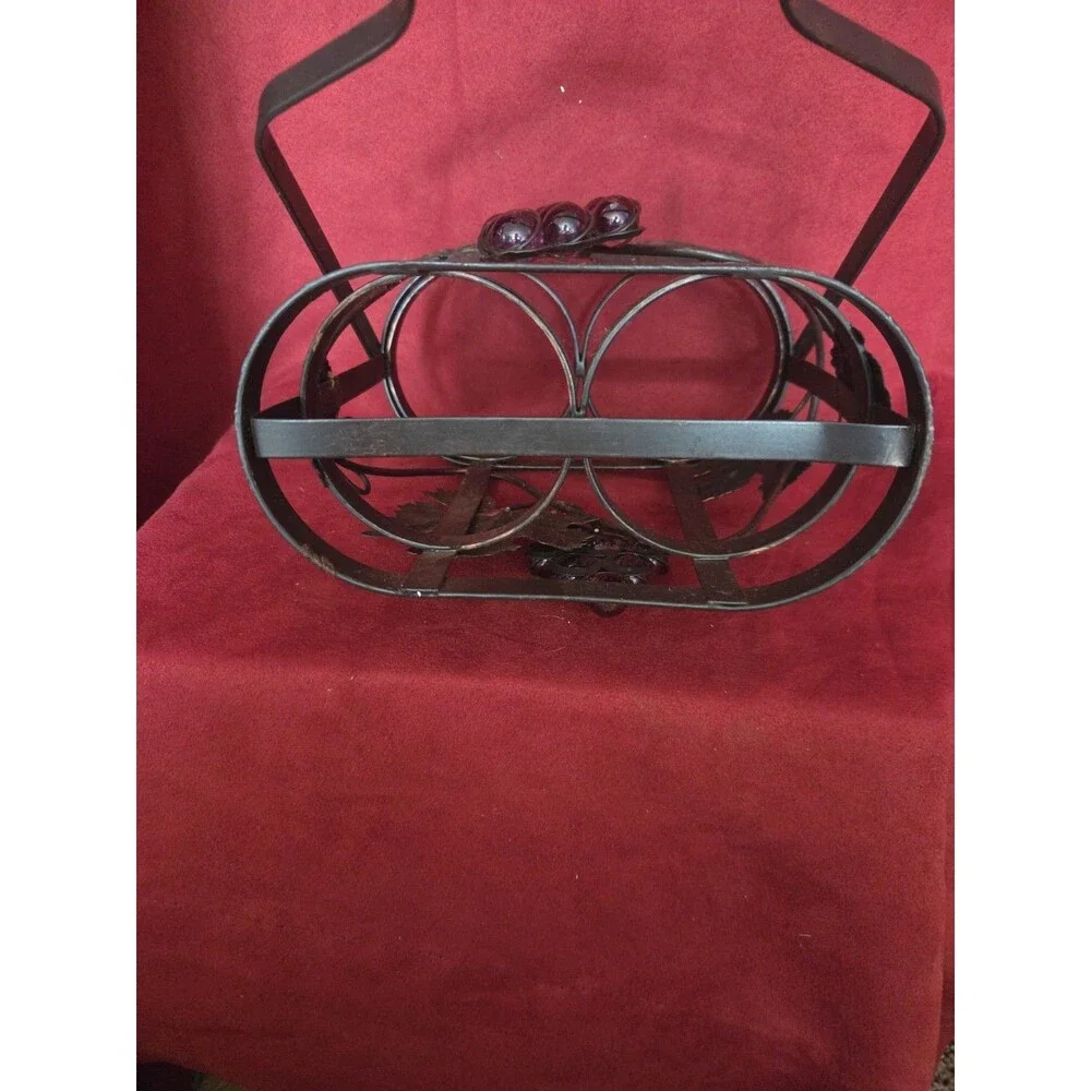 Rustic Metal Dual Wine Bottle Caddy Hinged Wood Handle Tuscan Farmhouse Decor
